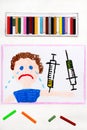 Drawing: Child vaccination. Crying boy and syringe