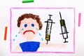 Drawing: Child vaccination. Crying boy and syringe. Royalty Free Stock Photo