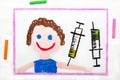 Drawing: Child vaccination. Smiling boy and syringe.