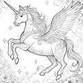 drawing of a children\'s coloring book of a unicorn, hyper detailed illustrations, high detail