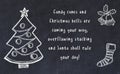 Drawing of christmas tree and handwritten greetings on black chalkboard