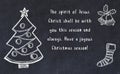 Drawing of christmas tree and handwritten greetings on black chalkboard