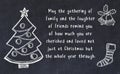 Drawing of christmas tree and handwritten greetings on black chalkboard