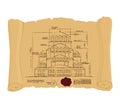 Drawing of Church Of St. Alexander Nevsky of ancient scroll. Retro Scheme of ancient Cathedral. Old building of project.