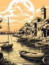 A Drawing Of A City And Boats On The Water, old town and port of Sirmione in italy