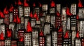 A drawing of a city with fire coming out from the buildings, AI