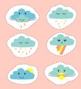 Drawing of clouds in the form of stickers. Set of cute cartoon clouds.