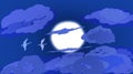 Drawing Of Cloudscape And Moon, With Dark-blue Night, Birds Flying In The Sky. Royalty Free Stock Photo