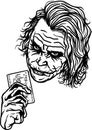 A clown joker with joker card in his hand vectors art black and white tattoo