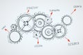 Drawing cogs system sketch on white background