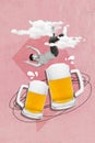 Drawing collage poster banner of funky guy fall huge mug tasty beer festival occasion isolated on retro pop background