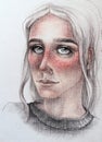 Drawing color pencils face of a woman gray, red illustration