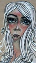 Drawing color pencils face of a woman gray, red illustration