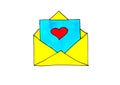 Drawing with colored markers of a mail envelope with a letter and a heart