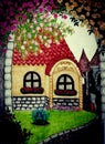 Drawing with colored pencils, fairy house with flowers