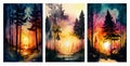 Drawing a colorful beautiful forest in front of a sunset square. warm landscape for canvas wall poster art