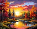 Drawing a colorful beautiful forest in front of a sunset square warm landscape for a canvas wall was paraphrased.