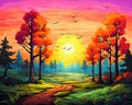 Drawing a colorful beautiful forest in front of a sunset square warm landscape for a canvas wall was paraphrased.