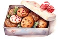 Drawing of colorful Christmas cookies in gifted box , isolated in white.