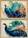 Drawing colorful peacock wall digital art with flowers. 3d modern wall decor on light background Royalty Free Stock Photo