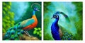 Drawing colorful peacocks in tree branches on a landscape background. 3d digital art