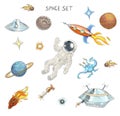 Drawing of colorful space objects: astronaut, alien, ufo, spaceship, comet, planets and stars.