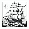 Drawing for coloring, beautiful vintage sailboat at sea close-up, black and white