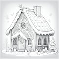 Drawing for coloring, fabulous gingerbread house close-up, black and white