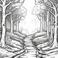 a drawing coloring page of a halloween path with trees in a forest Royalty Free Stock Photo