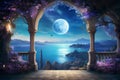 Drawing in the colors of a Victorian arc surrounded by flowers and plants overlooking the sea view at night moon and stars