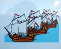 Drawing of Columbus ships at the Wharf of Carvels in Huelva ,Spain