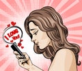 Drawing in a comic book style of a girl in profile with a smartphone received SMS from her beloved