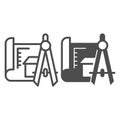 Drawing compass and house project line and solid icon, architect studio concept. Vector graphics. Compass with building