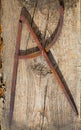 Drawing compass old in rusted iron carpenter tool