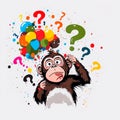 Drawing of a confusing, thinking monkey with lots of colour question marks around it. Created with Generative AI. Midjourney Royalty Free Stock Photo