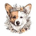 a drawing of a corgi with flowers around its neck