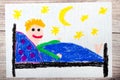 drawing and crayons: smiling little boy lying in a bed. Sleeping time