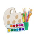 Drawing creative materials set isolated on white background. Watercolor paint, palette and paintbrushes in cup. Royalty Free Stock Photo