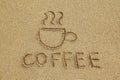 Drawing a cup and inscription Coffee on the wet sand. Royalty Free Stock Photo