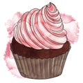 drawing cupcake at pink watercolor background