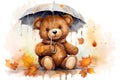 Drawing cute autumn card animals art children cartoon umbrella bear
