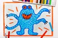 Drawing: Cute blue monster with four hands