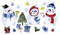 watercolor drawing. cute christmas set with snowmen. cartoon style characters, christmas elements, winter, new year Royalty Free Stock Photo