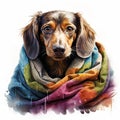 Drawing of a cute frozen dachshund dog wrapped in a multicolored plaid. A blanket warms the dog after a walk.