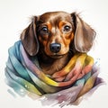 Drawing of a cute frozen dachshund dog wrapped in a multicolored plaid. A blanket warms the dog after a walk.
