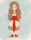 drawing of a cute girl with long hair and a wreath of flowers in traditional Slavic clothes