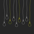 Drawing of cute light bulbs hanging in a row at different levels. A simple illustration of lights on and off to decorate