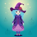 Drawing of a cute little witch with blue hair and in purple dress and hat. Magical character of Halloween in cartoon style. Royalty Free Stock Photo