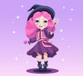 Drawing of a cute little witch with blue hair and in purple dress and hat. Magical character of Halloween in cartoon style. Royalty Free Stock Photo