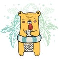 drawing cute yellow bear with life ring having strawberry Popsicle Ice cream in Summer time Royalty Free Stock Photo